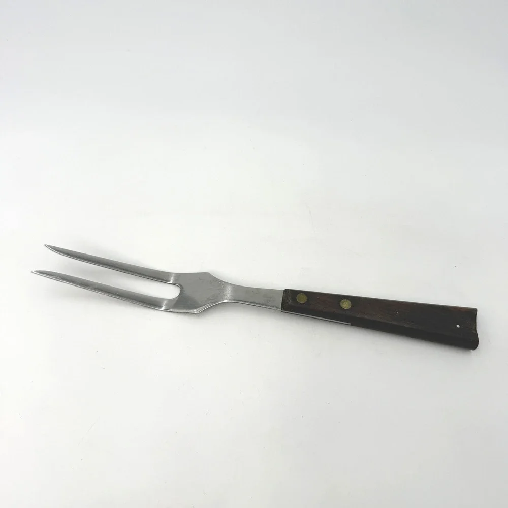 Vintage EMDEKO Stainless Steel‎ Meat Carving Fork Wood Handle Brass Rivets MCM
